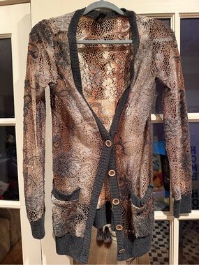 Vintage Buckle Openwork Lace Cardigan Sweater - Brown/Gray